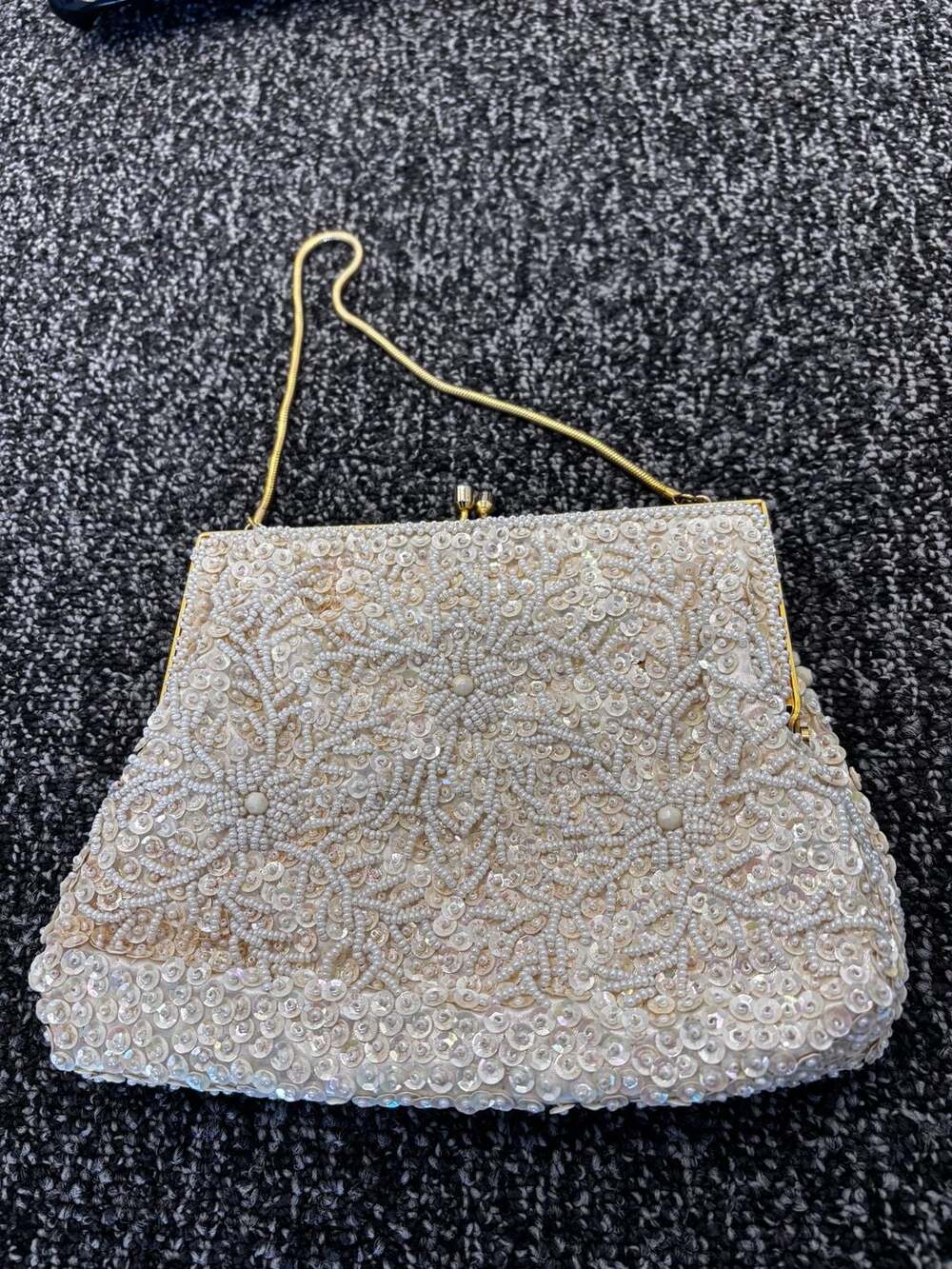Vintage Handmade in Hong Kong Beaded and Sequined Evening Bag White Gold Frame